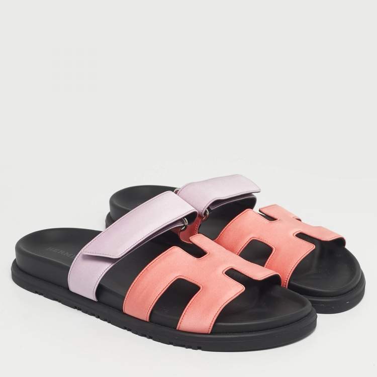 Pre Owned Hermès Pink/Purple Satin Chypre Flat Sandals Size 37.5