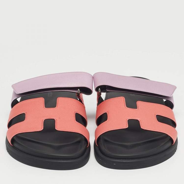 Pre Owned Hermès Pink/Purple Satin Chypre Flat Sandals Size 37.5