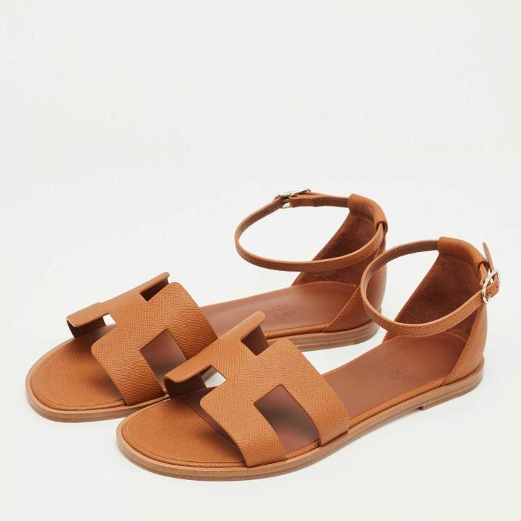 Pre Owned Hermes Brown Leather Santorini Ankle Strap Sandals Size 38