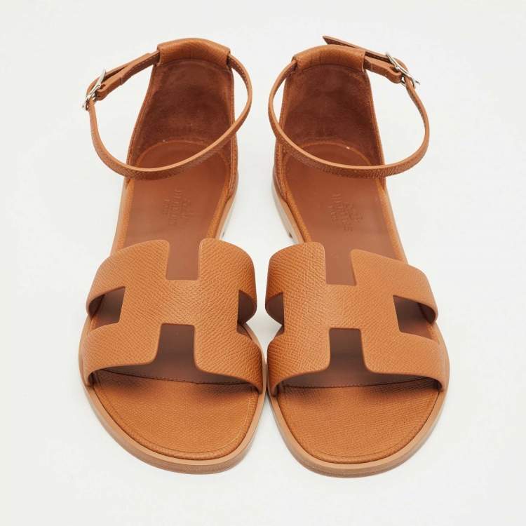 Pre Owned Hermes Brown Leather Santorini Ankle Strap Sandals Size 38