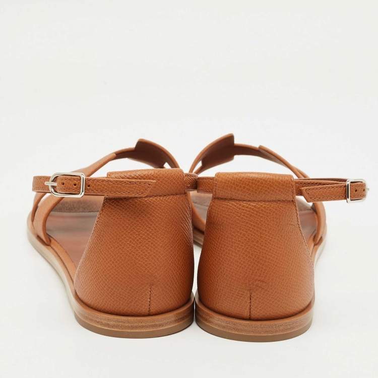 Pre Owned Hermes Brown Leather Santorini Ankle Strap Sandals Size 38