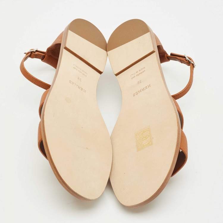Pre Owned Hermes Brown Leather Santorini Ankle Strap Sandals Size 38