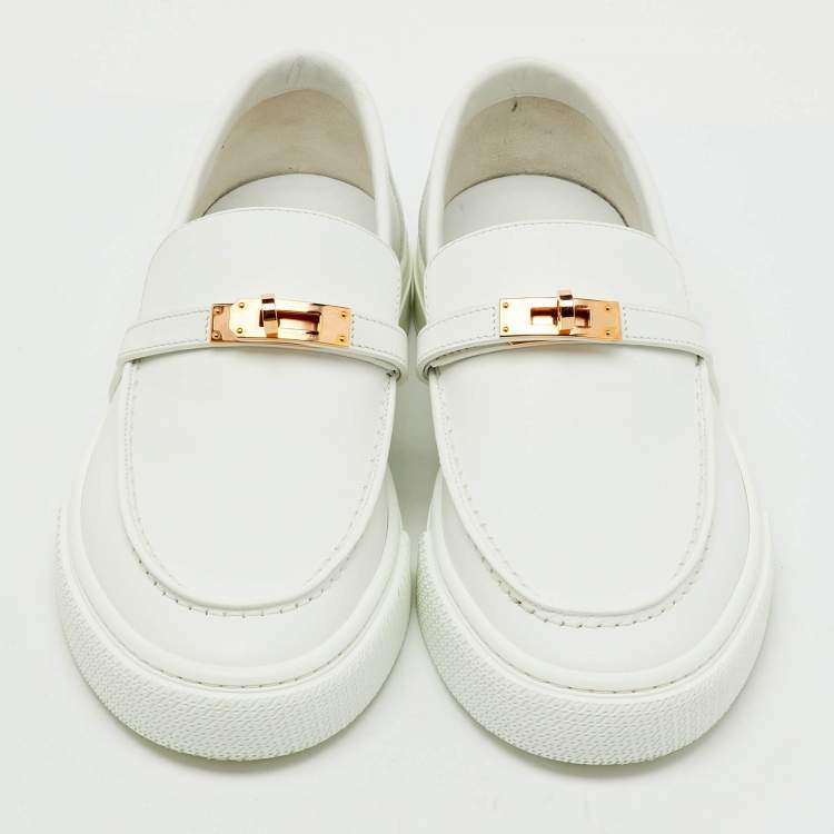 Pre Owned Hermes White Leather Game Slip On Sneakers Size 41