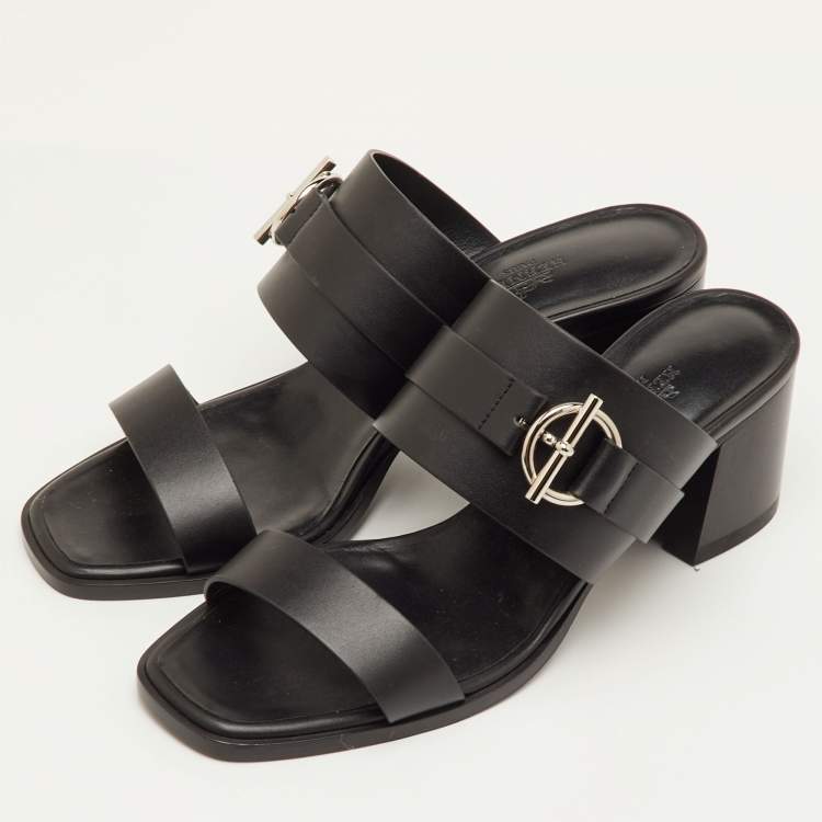 Pre Owned Hermes Kute Size 39.5 Black Leather Block Heel Slide Sandals