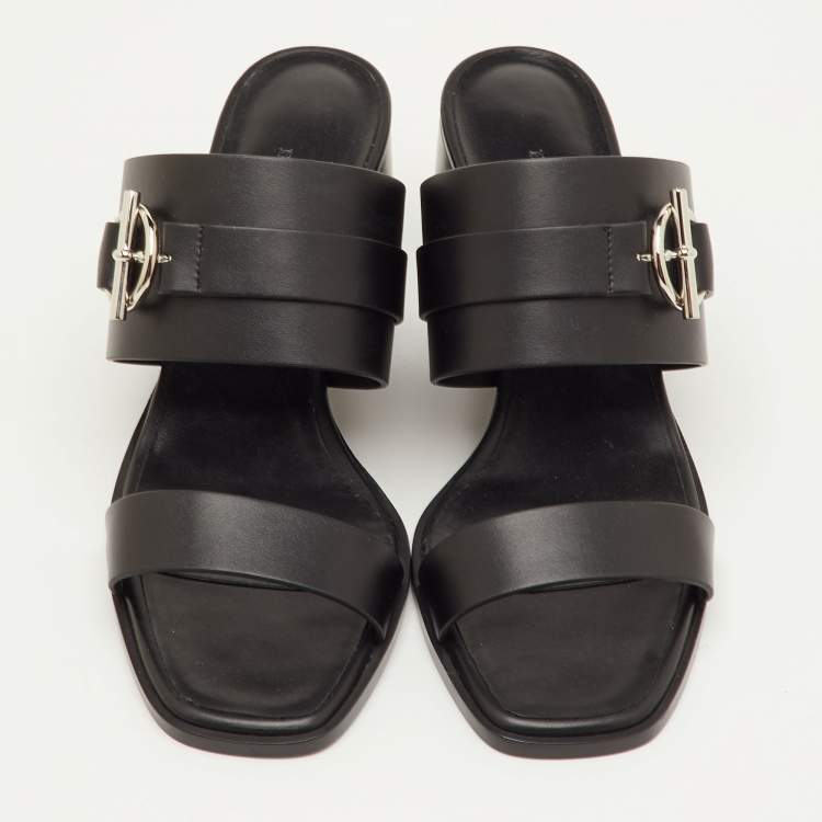Pre Owned Hermes Kute Size 39.5 Black Leather Block Heel Slide Sandals