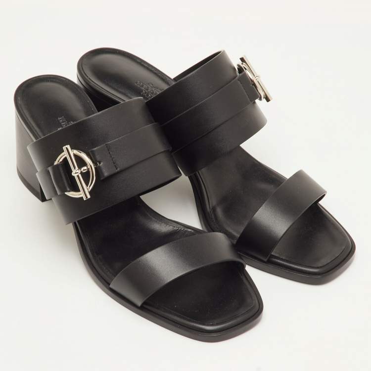Pre Owned Hermes Kute Size 39.5 Black Leather Block Heel Slide Sandals