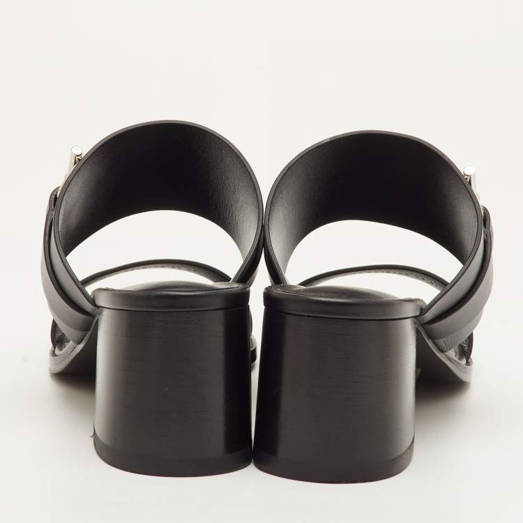 Pre Owned Hermes Kute Size 39.5 Black Leather Block Heel Slide Sandals