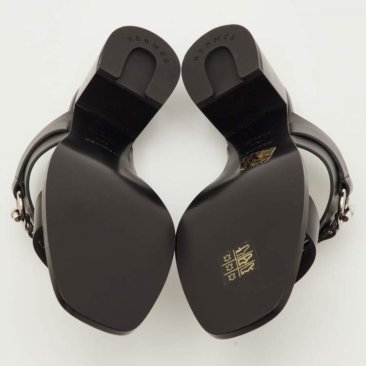 Pre Owned Hermes Kute Size 39.5 Black Leather Block Heel Slide Sandals
