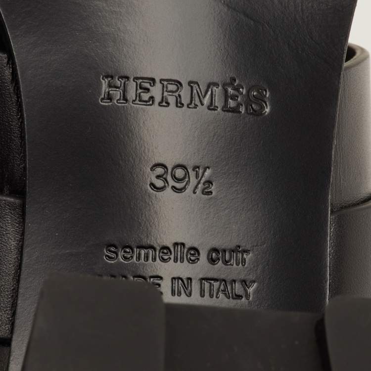 Pre Owned Hermes Kute Size 39.5 Black Leather Block Heel Slide Sandals