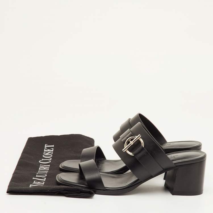Pre Owned Hermes Kute Size 39.5 Black Leather Block Heel Slide Sandals