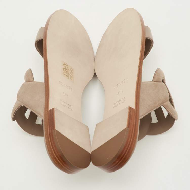 Pre Owned Hermes Lagune Size 39.5 Khaki Beige Leather and Suede Flat Slide Sandals