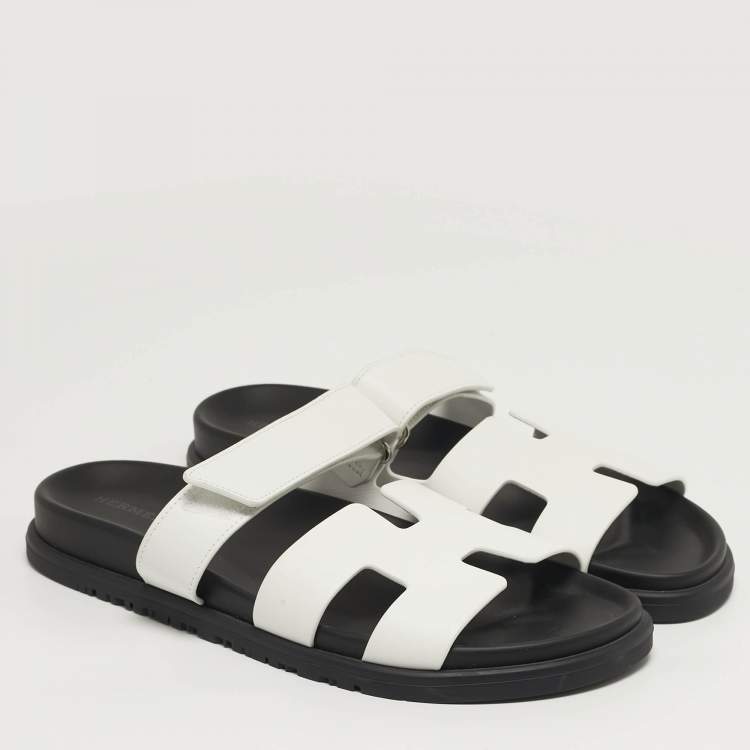 Pre Owned Hermes Chypre Size 40 White Leather Flat Slide