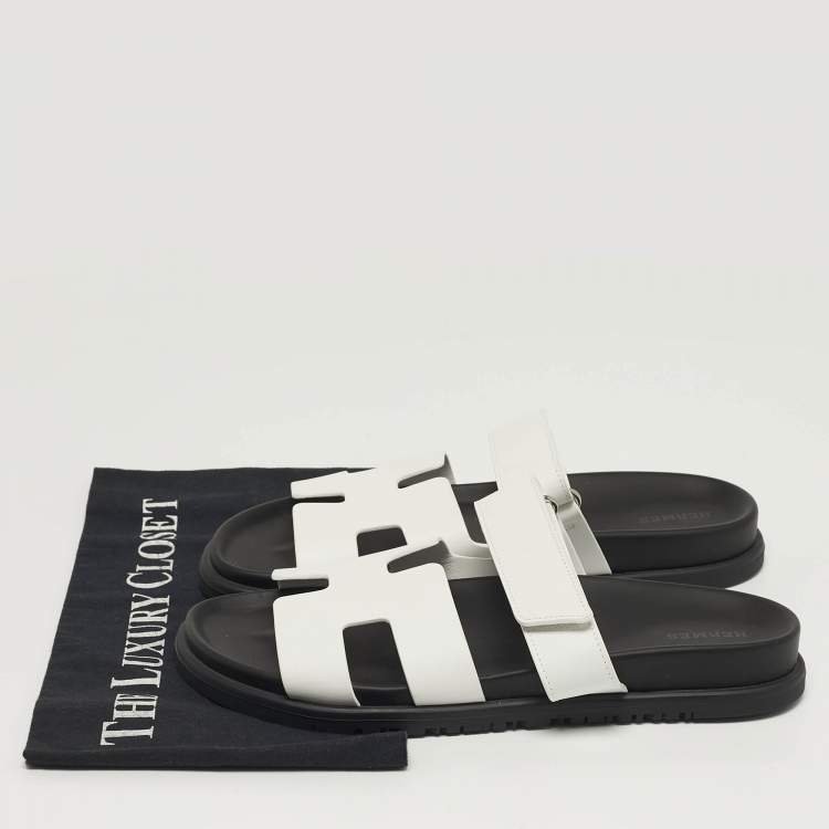 Pre Owned Hermes Chypre Size 40 White Leather Flat Slide