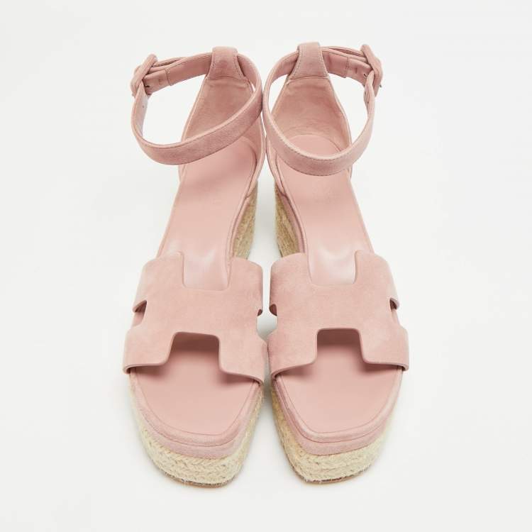 Pre Owned Hermes Elda Size 38 Pink Suede Ankle Strap Espadrille Sandals