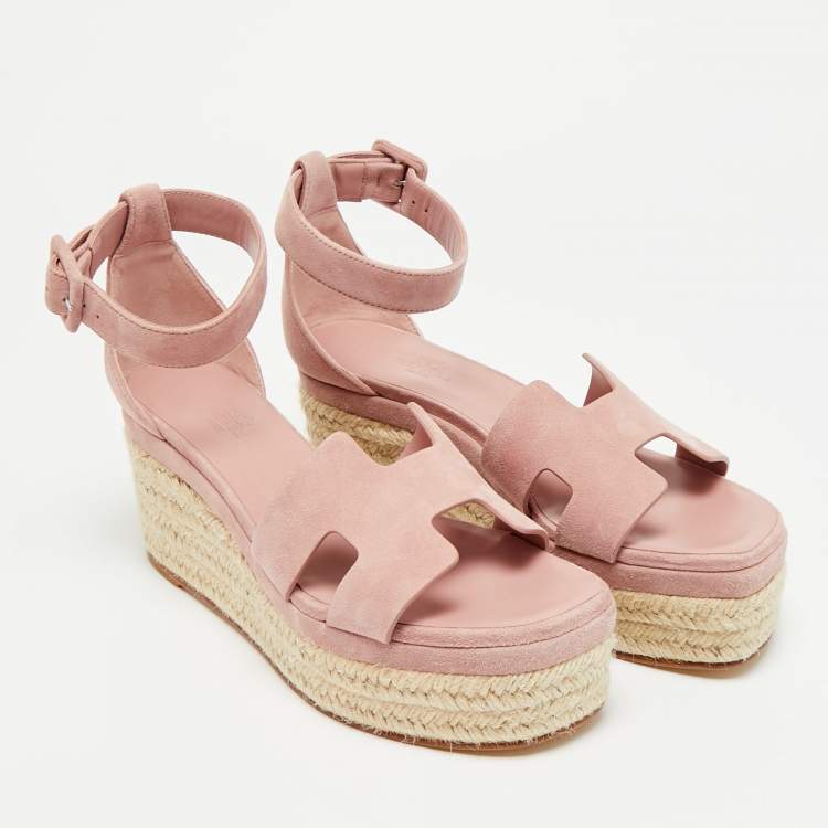 Pre Owned Hermes Elda Size 38 Pink Suede Ankle Strap Espadrille Sandals