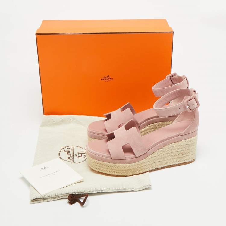 Pre Owned Hermes Elda Size 38 Pink Suede Ankle Strap Espadrille Sandals