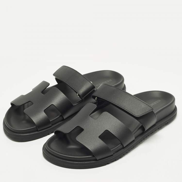 Pre Owned Hermes Chypre Size 38 Black Leather Slide Slide