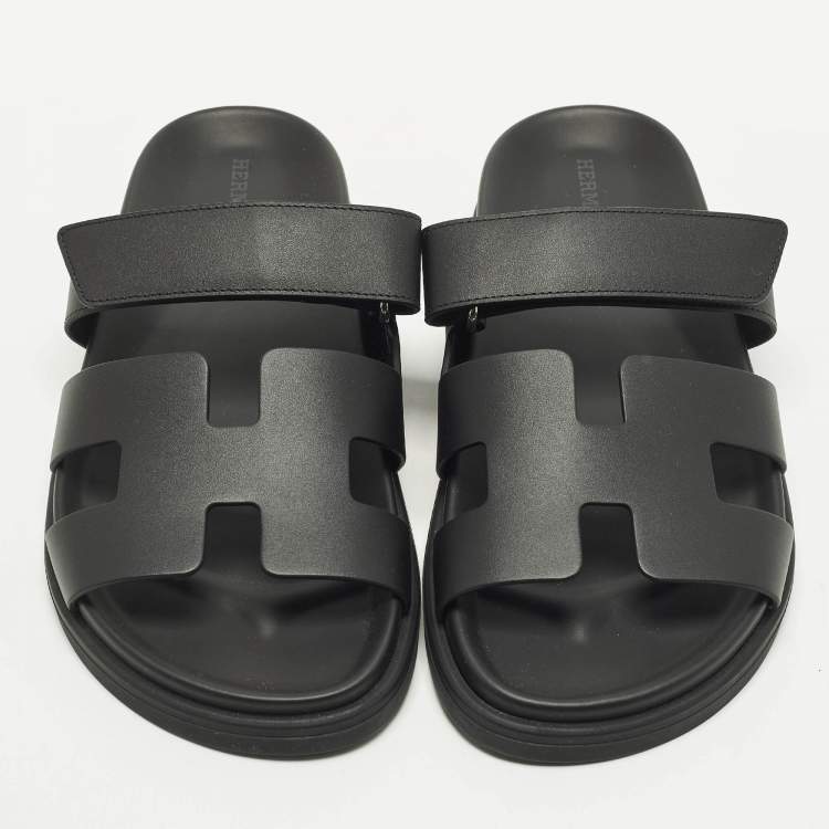 Pre Owned Hermes Chypre Size 38 Black Leather Slide Slide