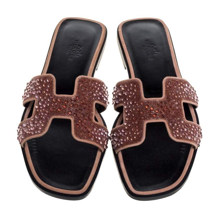 Pre Owned Hermes Suede Leather Pearl Embellished Oran Flat Slides Size 37 