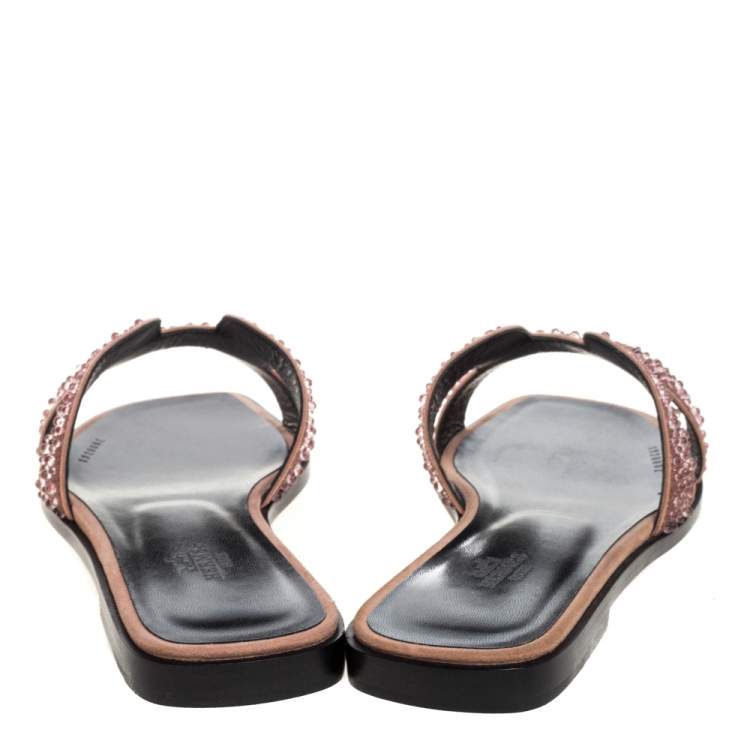 Pre Owned Hermes Suede Leather Pearl Embellished Oran Flat Slides Size 37 