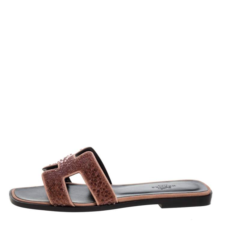 Pre Owned Hermes Suede Leather Pearl Embellished Oran Flat Slides Size 37 
