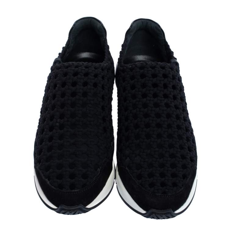 Pre Owned Hermes Black Braided Silk Oxygene Slip On Sneakers Size 37.5