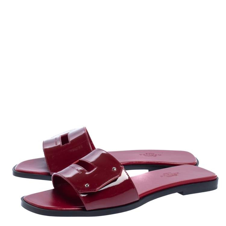 Pre Owned Hermes Red Patent Leather View Slide Sandals Size 37.5