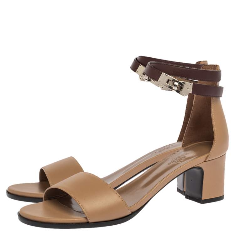 Pre Owned Hermes Brown Leather Manege Ankle Wrap Sandals Size 39