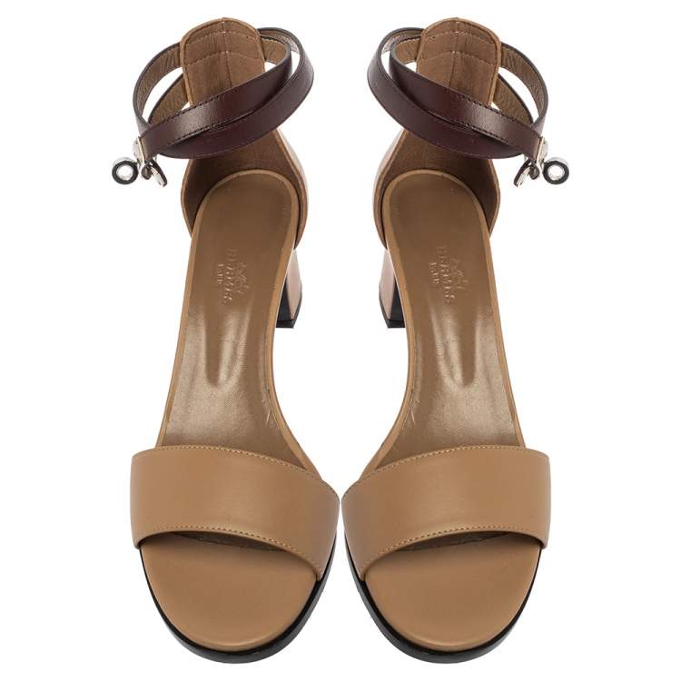 Pre Owned Hermes Brown Leather Manege Ankle Wrap Sandals Size 39