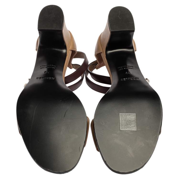 Pre Owned Hermes Brown Leather Manege Ankle Wrap Sandals Size 39