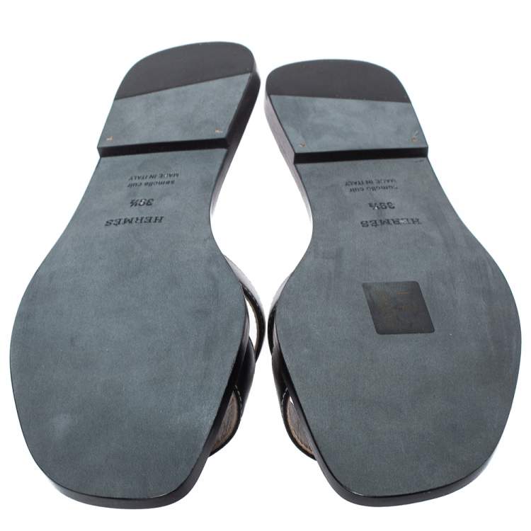 Pre Owned Hermes Black Leather Oran Flat Slides Size 39.5