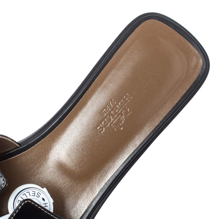 Pre Owned Hermes Black Leather Oran Flat Slides Size 39.5