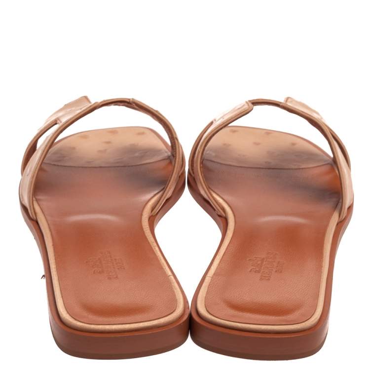 Pre Owned Hermes Pink Ostrich Leather Oran Sandals Size 38