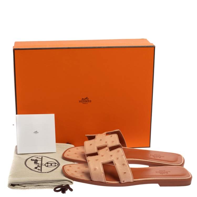Pre Owned Hermes Pink Ostrich Leather Oran Sandals Size 38