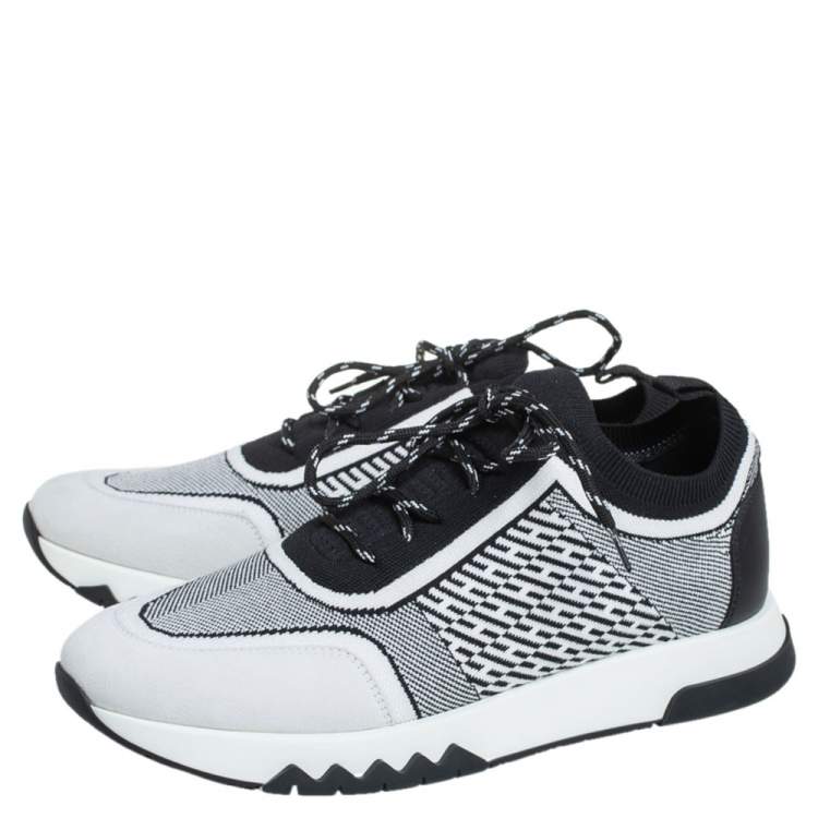 Pre Owned Hermes Black/White Suede And Knit Fabric Addict Sneakers Size 38.5