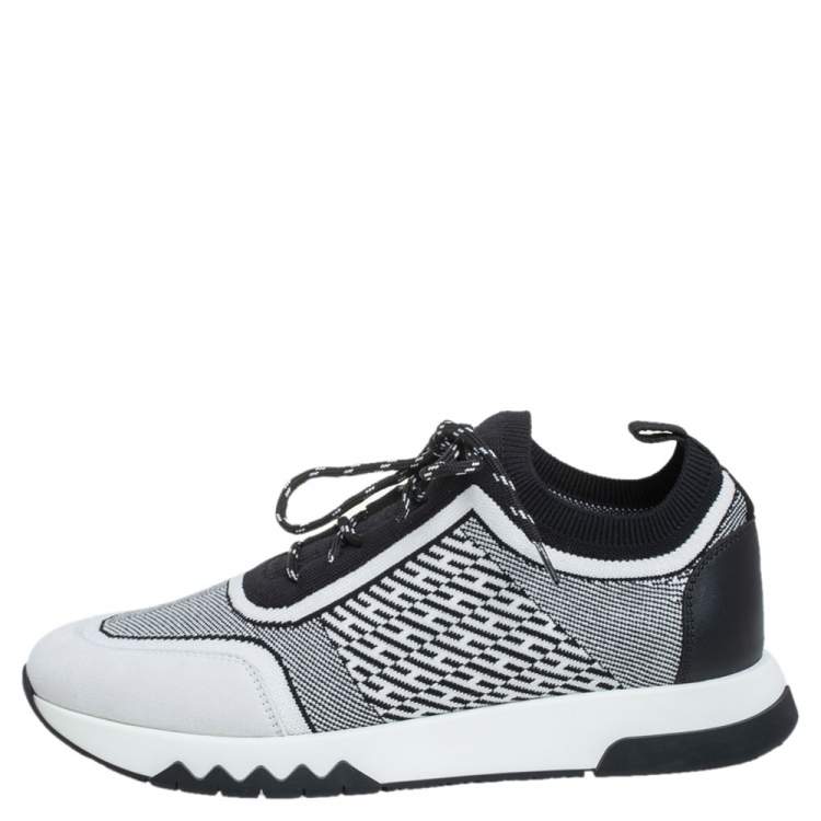 Pre Owned Hermes Black/White Suede And Knit Fabric Addict Sneakers Size 38.5