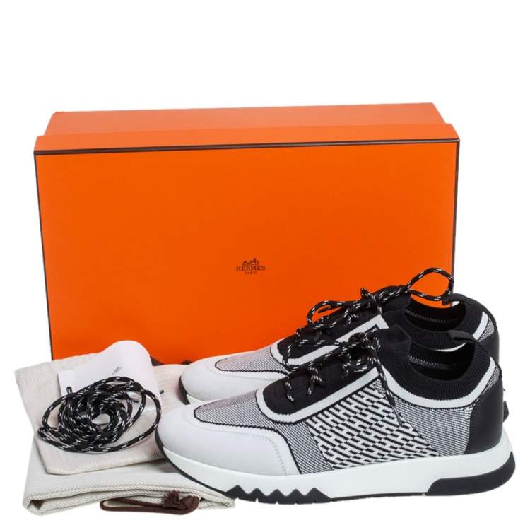 Pre Owned Hermes Black/White Suede And Knit Fabric Addict Sneakers Size 38.5