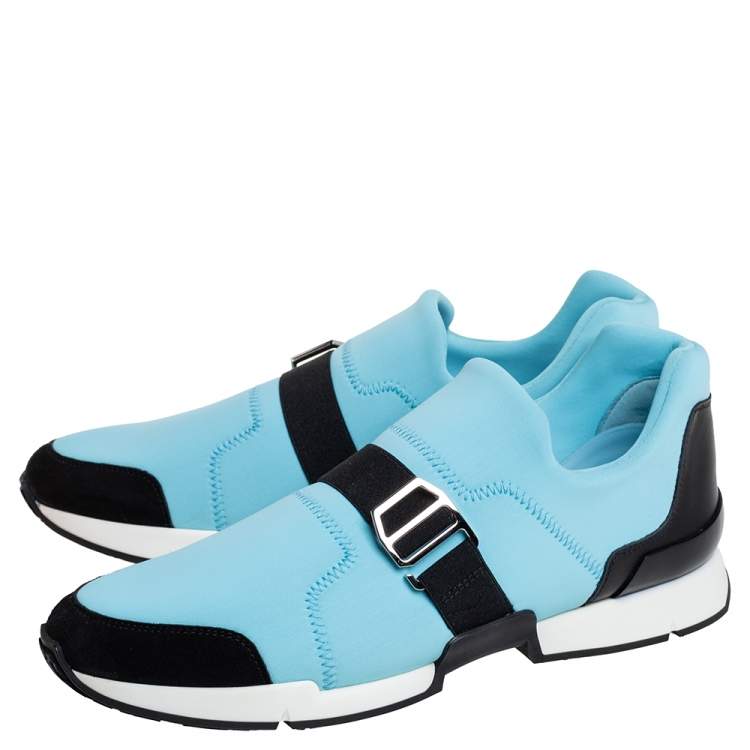 Pre Owned Hermes Blue/Black Neoprene And Suede Run Round Toe Sneakers Size 39