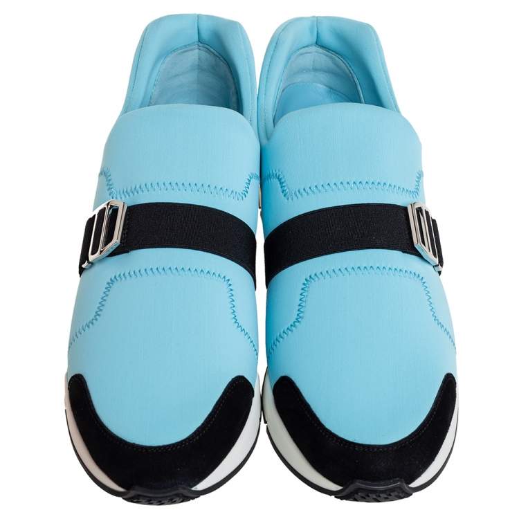Pre Owned Hermes Blue/Black Neoprene And Suede Run Round Toe Sneakers Size 39
