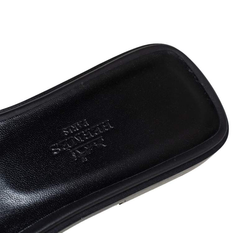 Pre Owned Hermes Black/Silver Embroidered Leather Oran Flat Slides Size 37