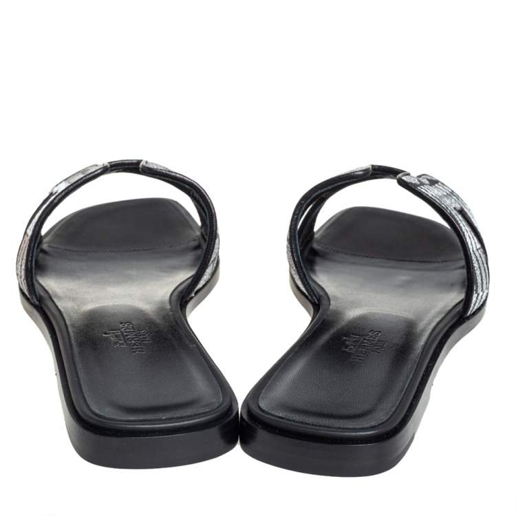 Pre Owned Hermes Black/Silver Embroidered Leather Oran Flat Slides Size 37