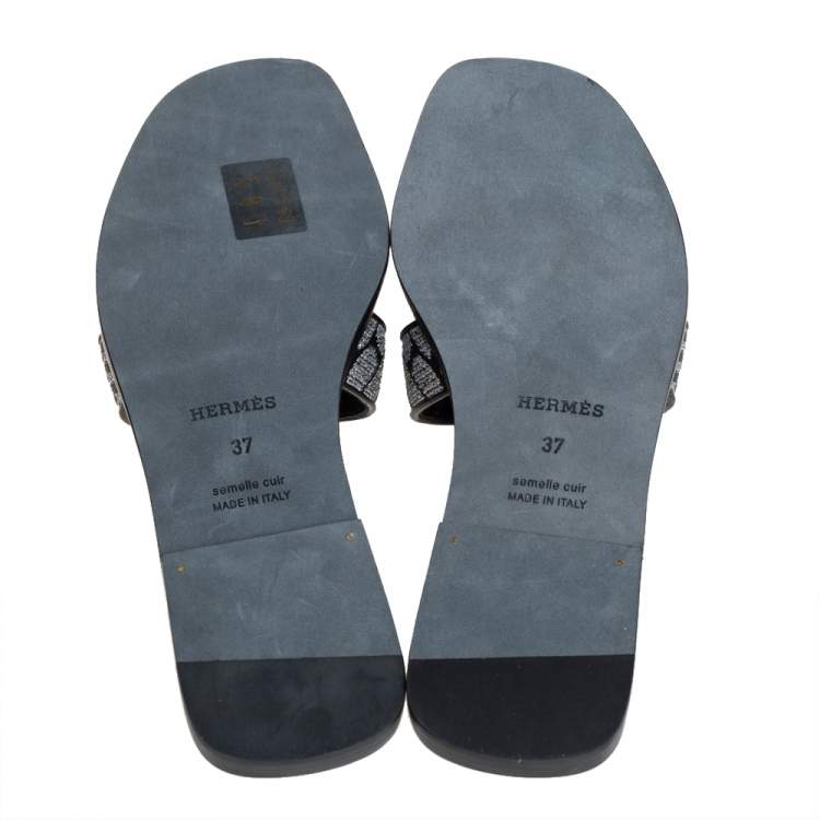 Pre Owned Hermes Black/Silver Embroidered Leather Oran Flat Slides Size 37
