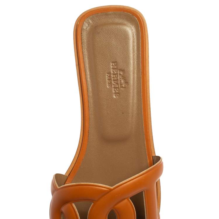 Pre Owned Hermes Tan Leather Omaha Flat Slides Size 38