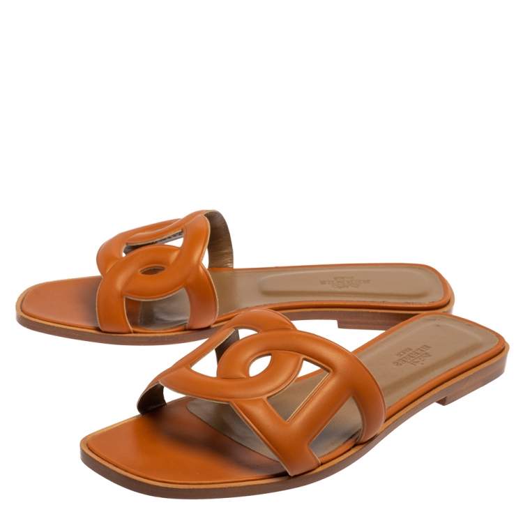 Pre Owned Hermes Tan Leather Omaha Flat Slides Size 38