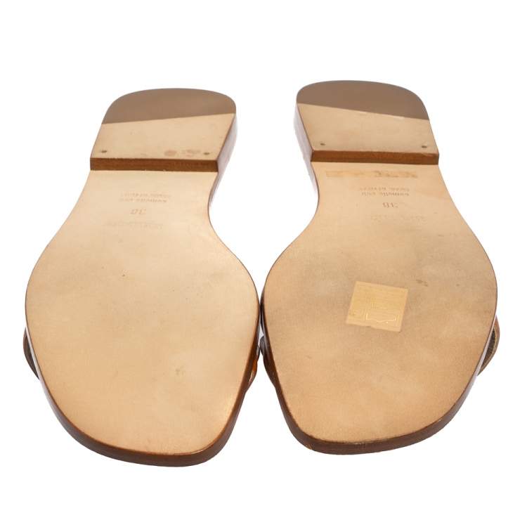 Pre Owned Hermes Tan Leather Omaha Flat Slides Size 38