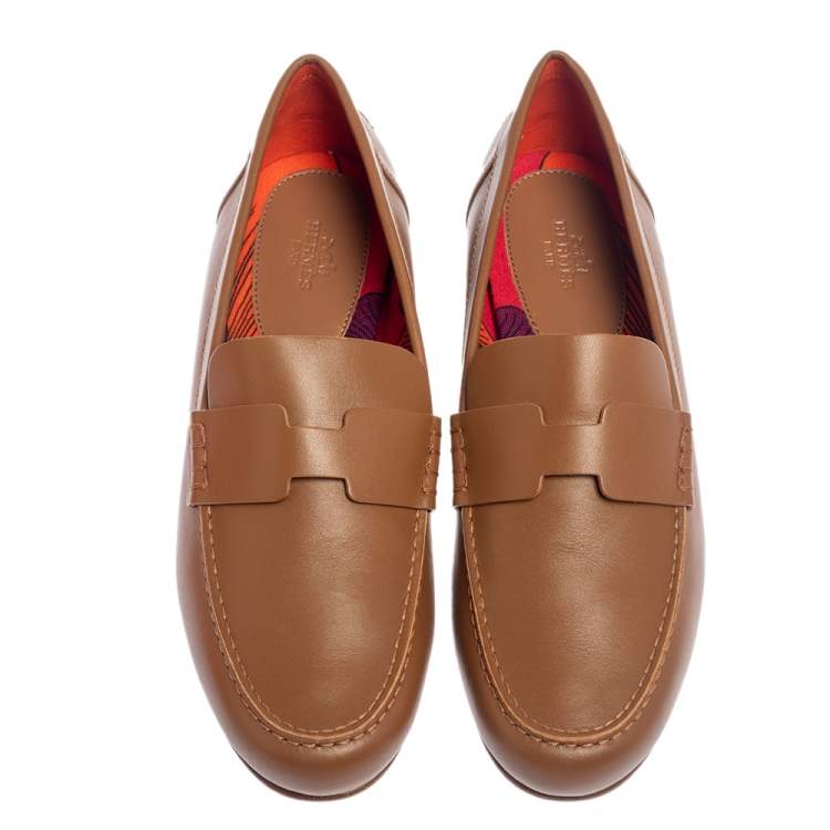 Pre Owned Hermes Brown Leather Kennedy Loafers Size 38