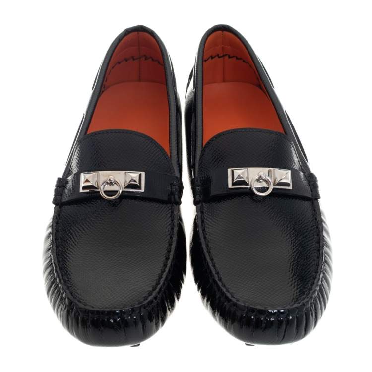 Pre Owned Hermes Black Patent Leather Slip On Irving Loafers Size 37.5