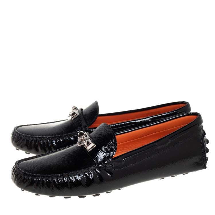 Pre Owned Hermes Black Patent Leather Slip On Irving Loafers Size 37.5
