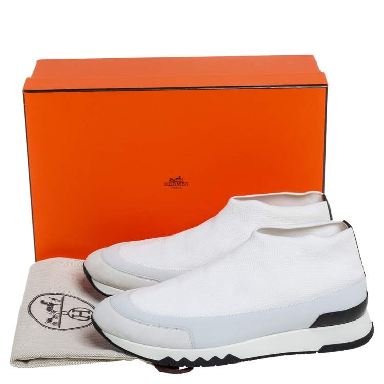 Pre Owned Hermes White Knit Fabric And Neoprene Tokyo Slip On Sneakers Size 37