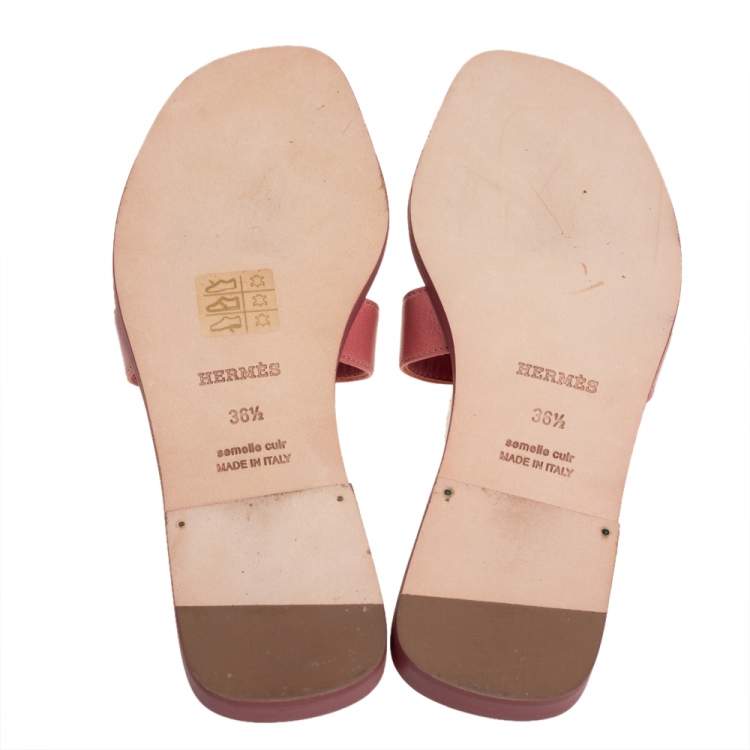 Pre Owned Hermes Pink Leather Oran Flat Slides Size 36.5